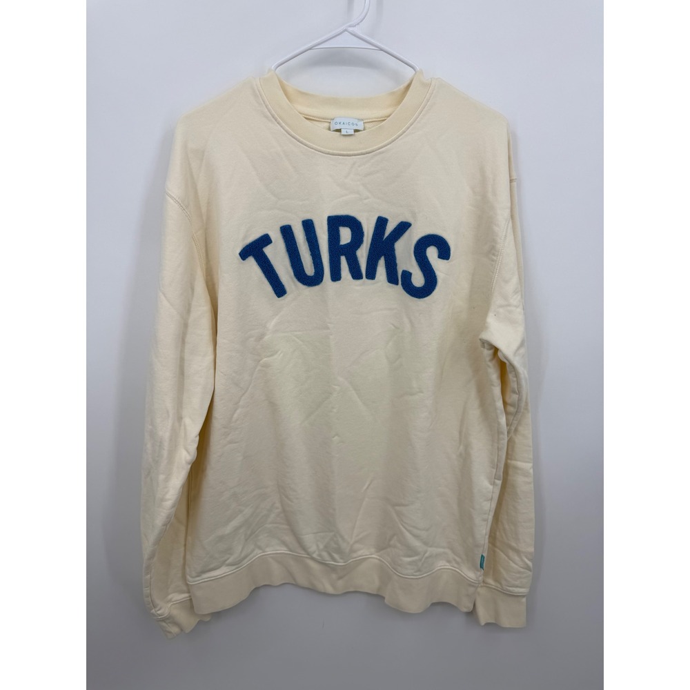Okaicos‎ Turks Crewneck Sweatshirt Women Size L Cream Blue Chenille Applique